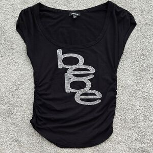 Bebe Black Top With Silver Logo And Ruched Sides Vintage - Size M